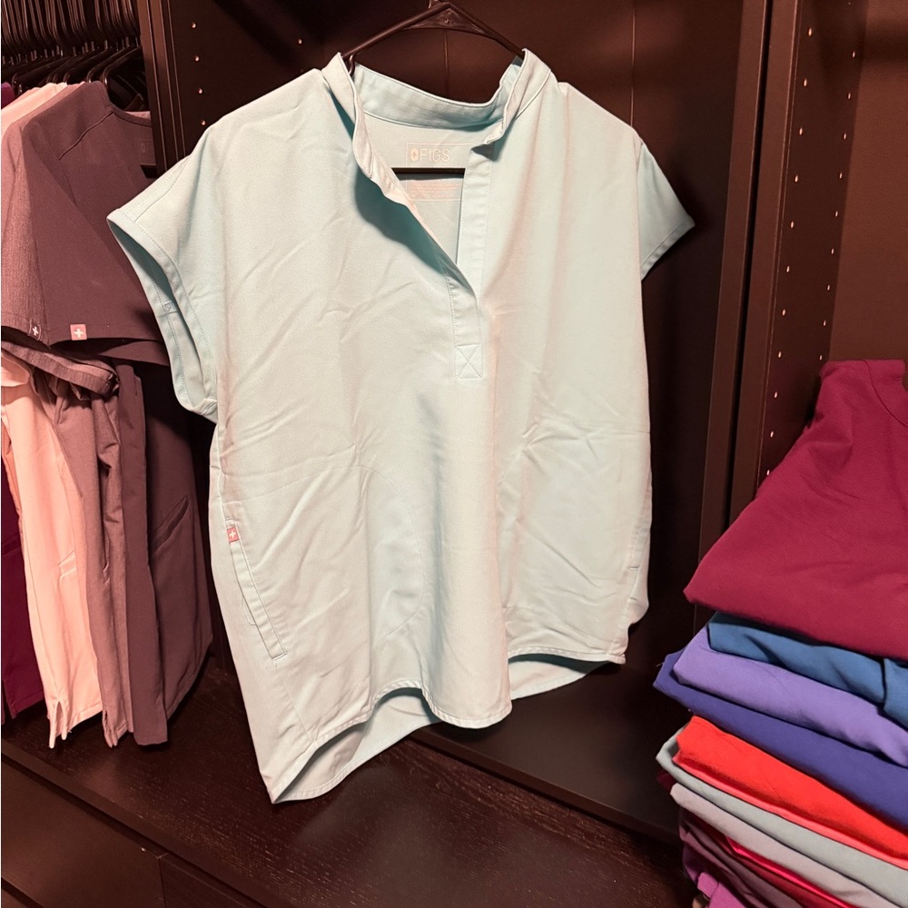Figs White Boxy Button Down Shirt with Mandarin Collar neon blue rafeala